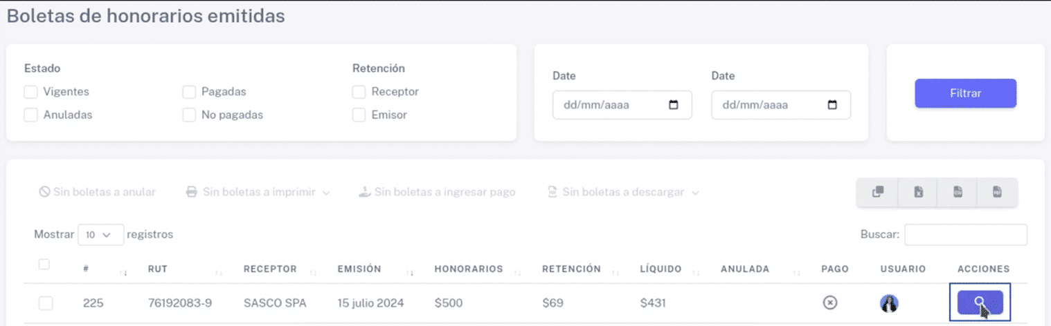 Botón de lupa para ver detalles de boleta de honorario