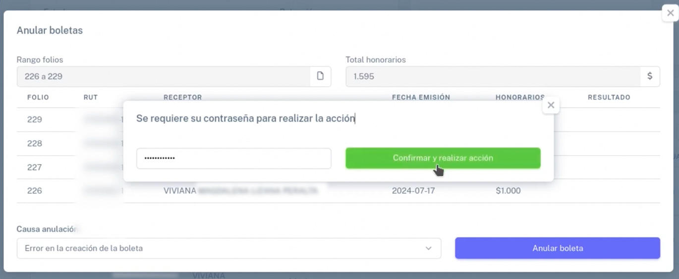 Confirmar la anulación con tu contraseña