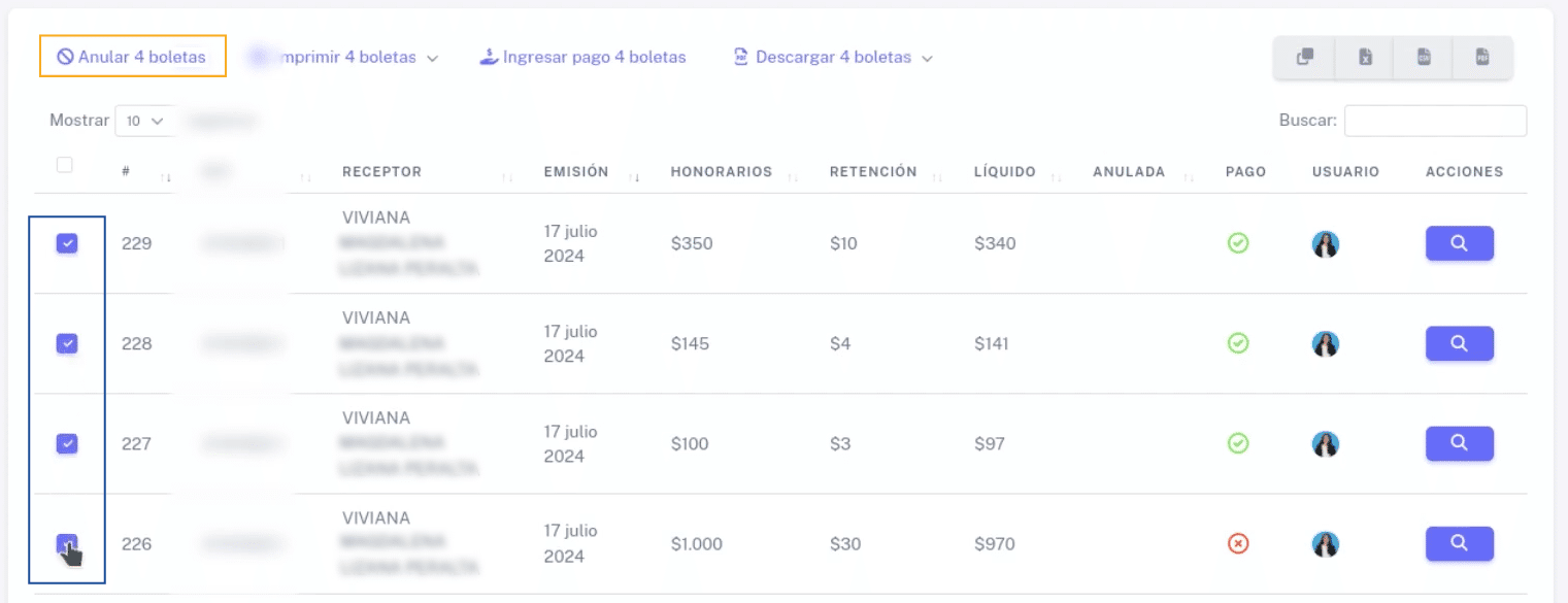 Selección de boletas y botón Anular boletas