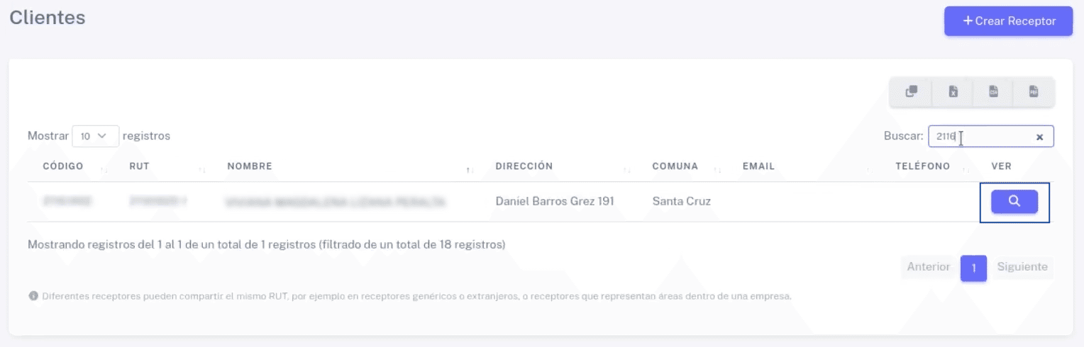 Botón de lupa para ingresar a ficha de cliente
