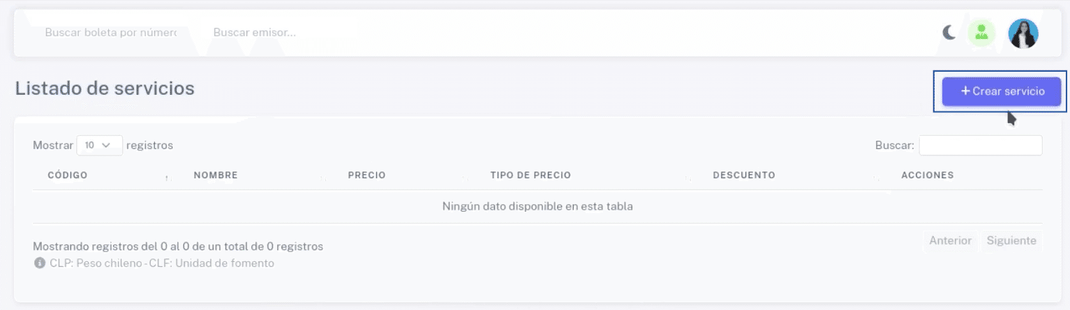 Menú de BHExpress en Configuraciones - Servicios