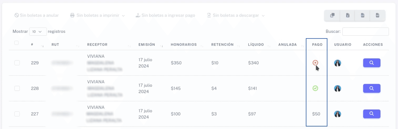 Estados de pago en BHExpress
