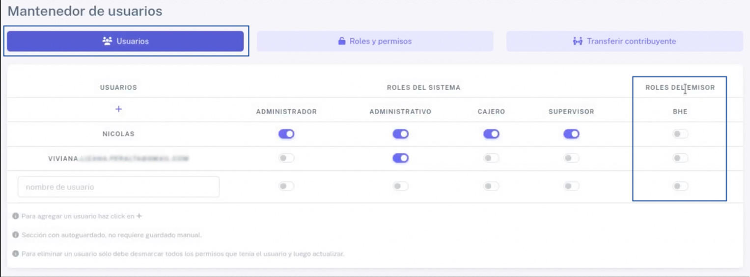 Columna habilitada con roles del emisor